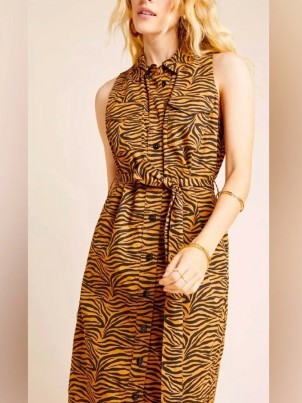 Anthropologie Maeve Gemini Tigresa Animal Print Twill Belted Shirt dress size 6